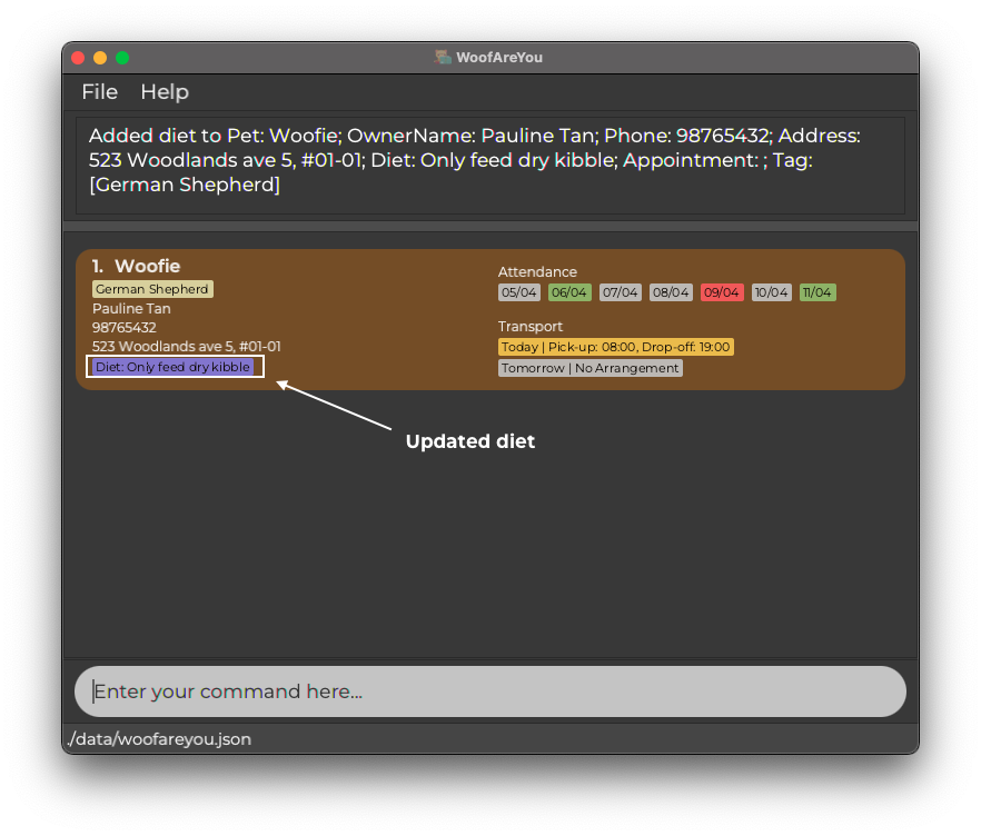 After adding diet sample screenshot